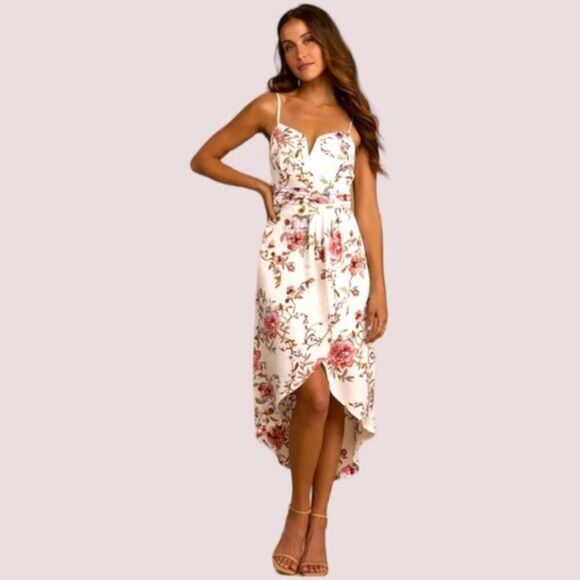 LuLu's My Favorite Day Ivory Floral Print Tulip 🌷 Skirt Midi Dress - Picture 1 of 14